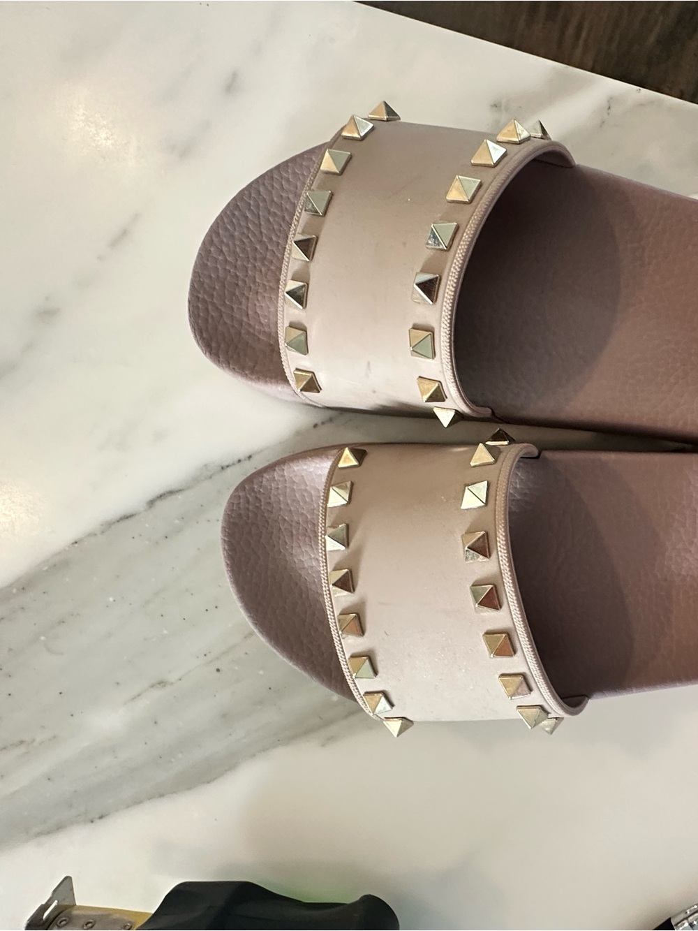 Valentino Rockstud Slide Sandals - nude